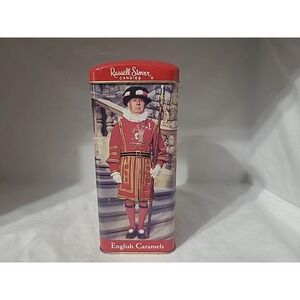 Russell Stover Candies Beefeater English Caramels Tin Coin Bank Vintage Red Gold